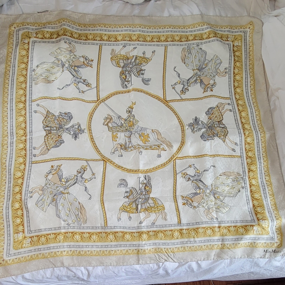 MaxMara Cream and Gold Equestrian Silk Scarf